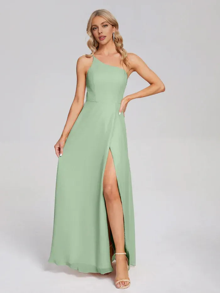 Sage Green One Shoulder High Slit Floor Length A Line Chiffon Bridesmaid Dress