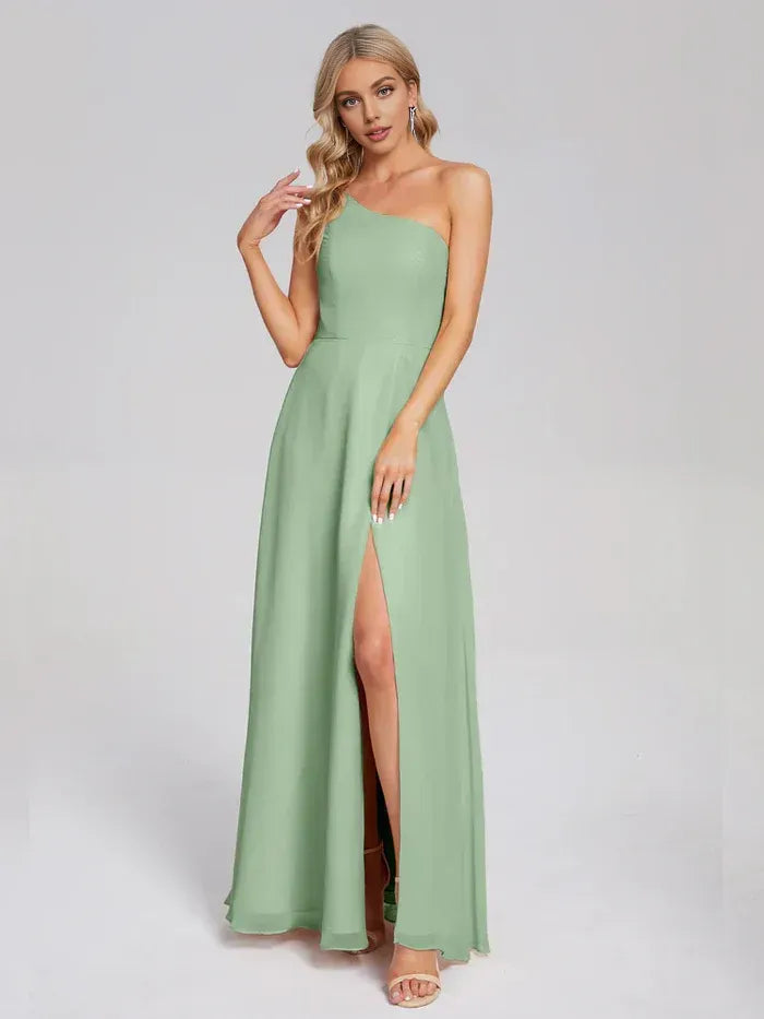 Sage Green One Shoulder High Slit Floor Length A Line Chiffon Bridesmaid Dress