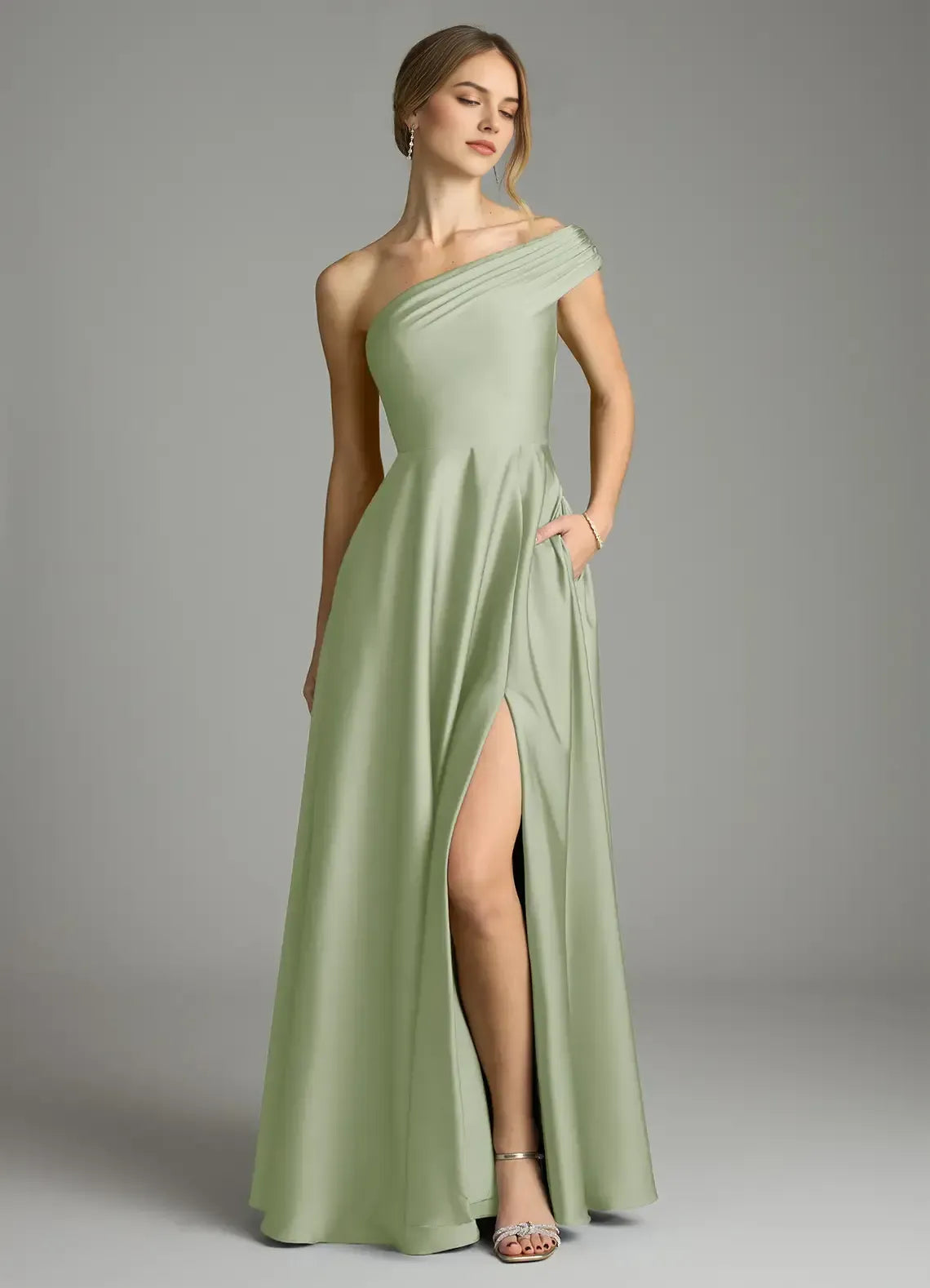 Sage Green One Shoulder Pleated High Slit Pocket Floor Length A Line Satin Bridesmaid Dress