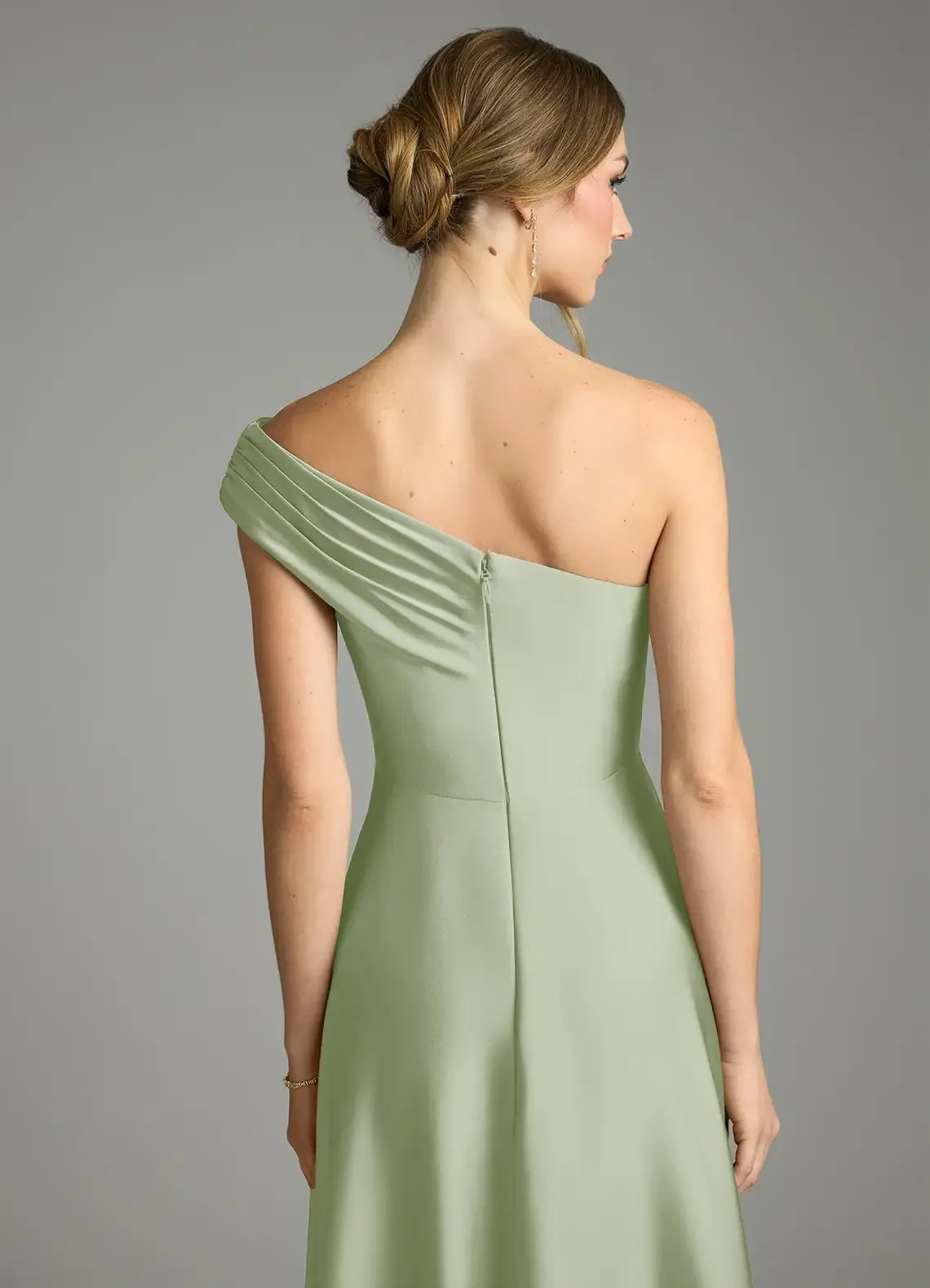 Sage Green One Shoulder Pleated High Slit Pocket Floor Length A Line Satin Bridesmaid Dress
