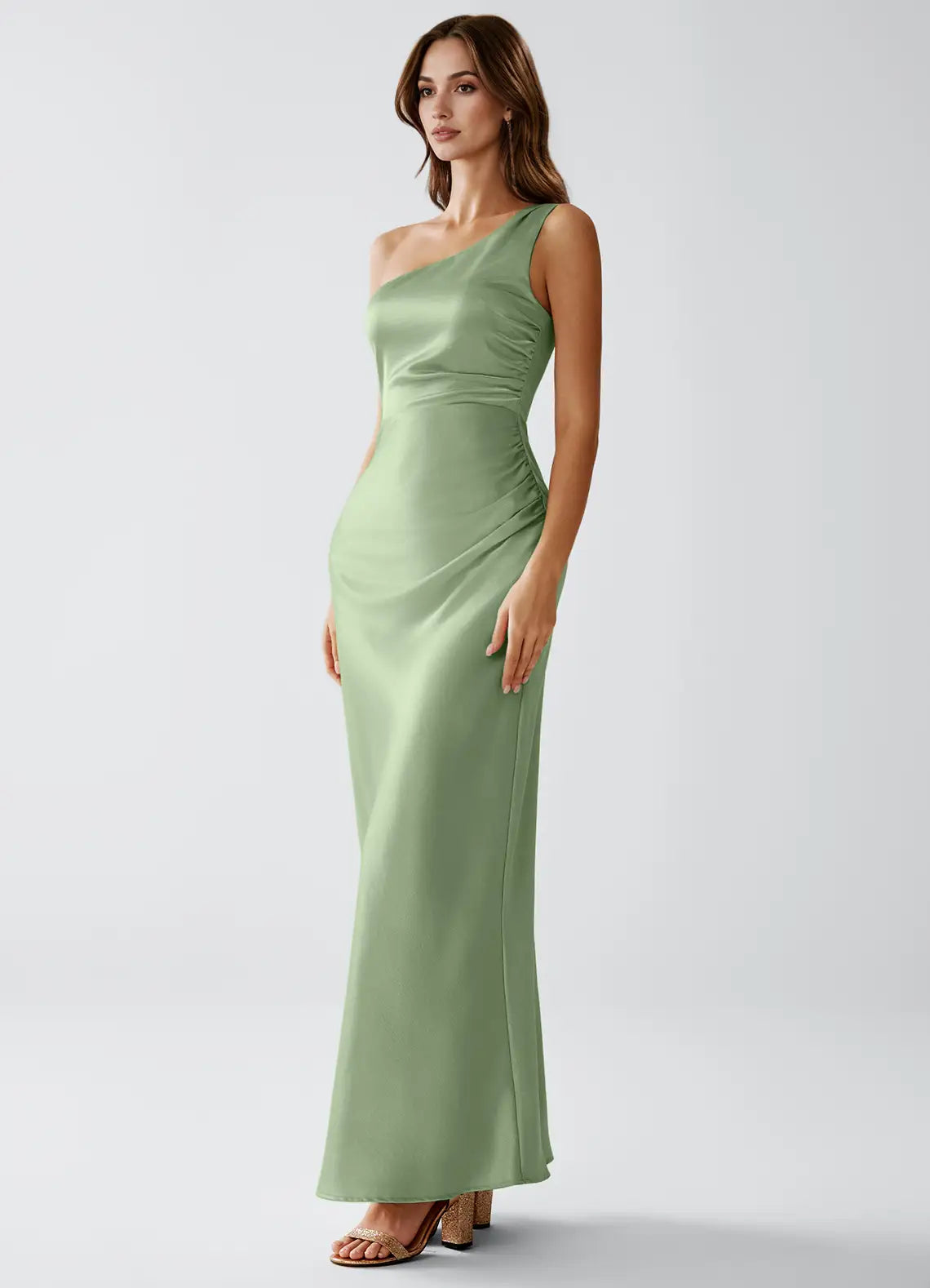 Sage Green One Shoulder Side Ruched Column Satin Maxi Bridesmaid Dress
