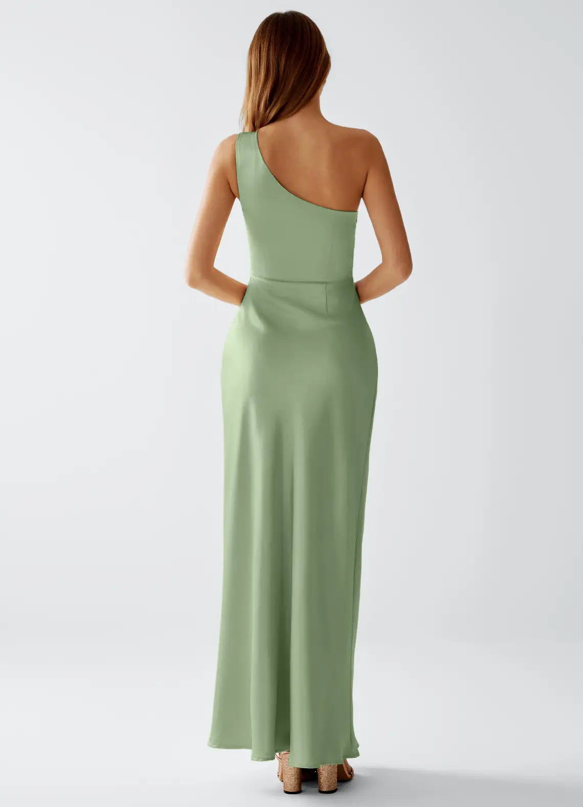 Sage Green One Shoulder Side Ruched Column Satin Maxi Bridesmaid Dress