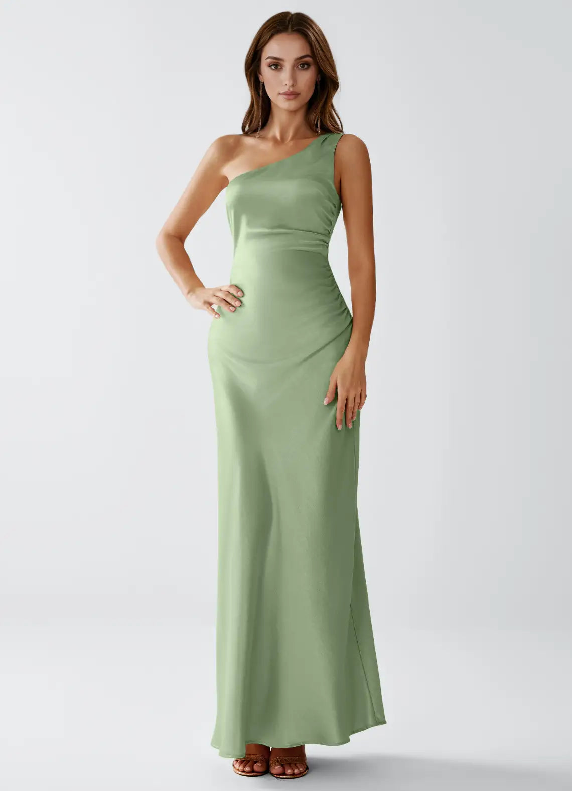 Sage Green One Shoulder Side Ruched Column Satin Maxi Bridesmaid Dress