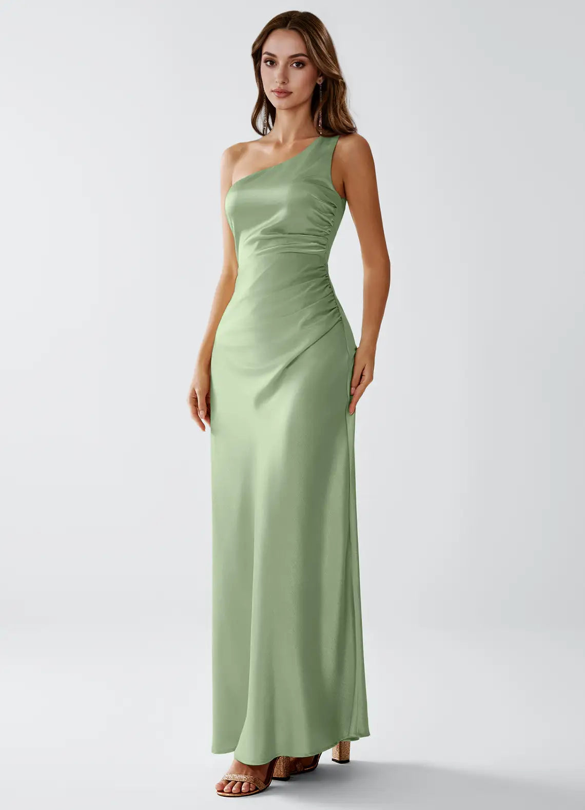 Sage Green One Shoulder Side Ruched Column Satin Maxi Bridesmaid Dress