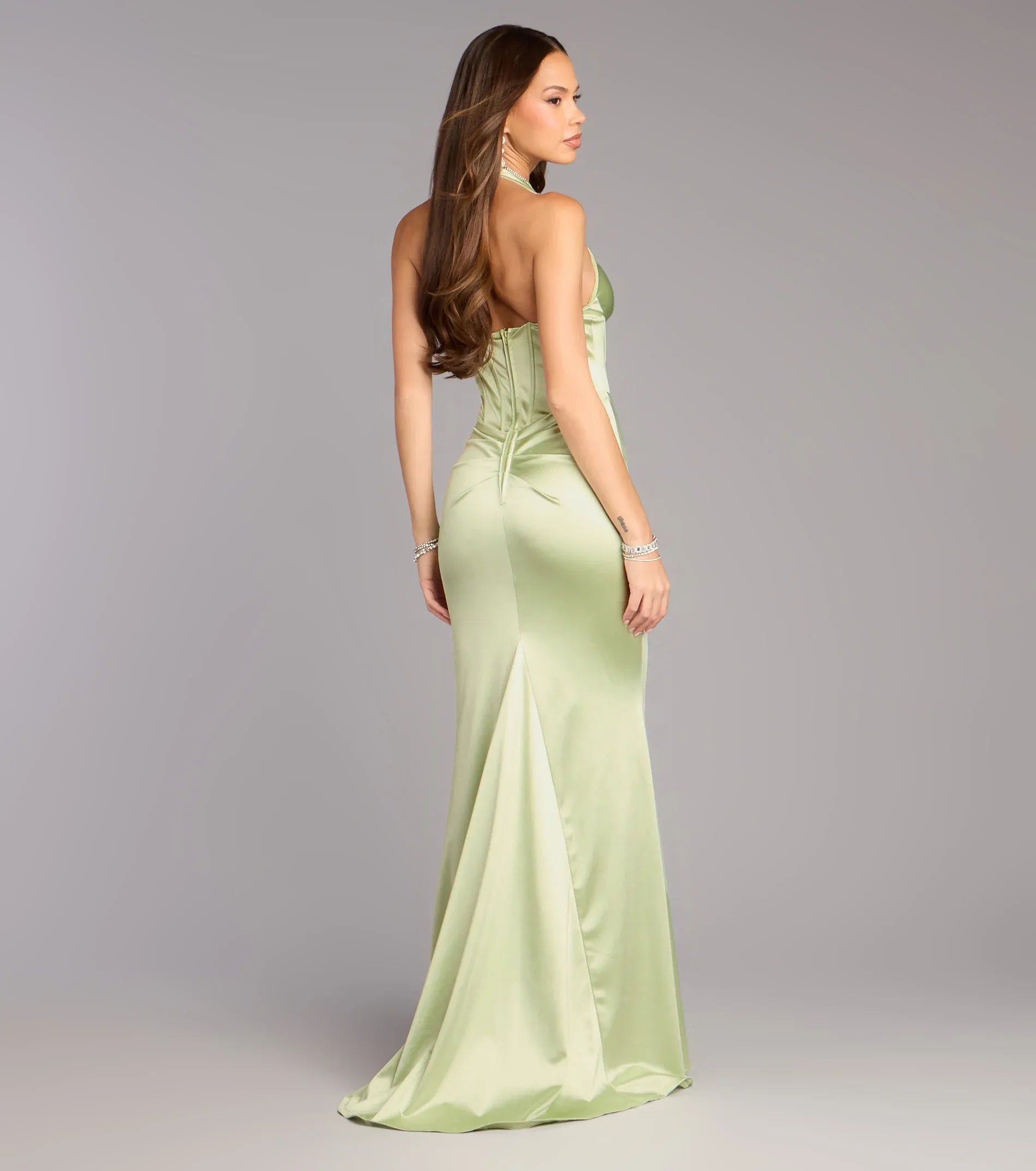 Sage Green Satin Halter Deep V Corset Waist Ruched High Slit Train Mermaid Wedding Guest Dresses