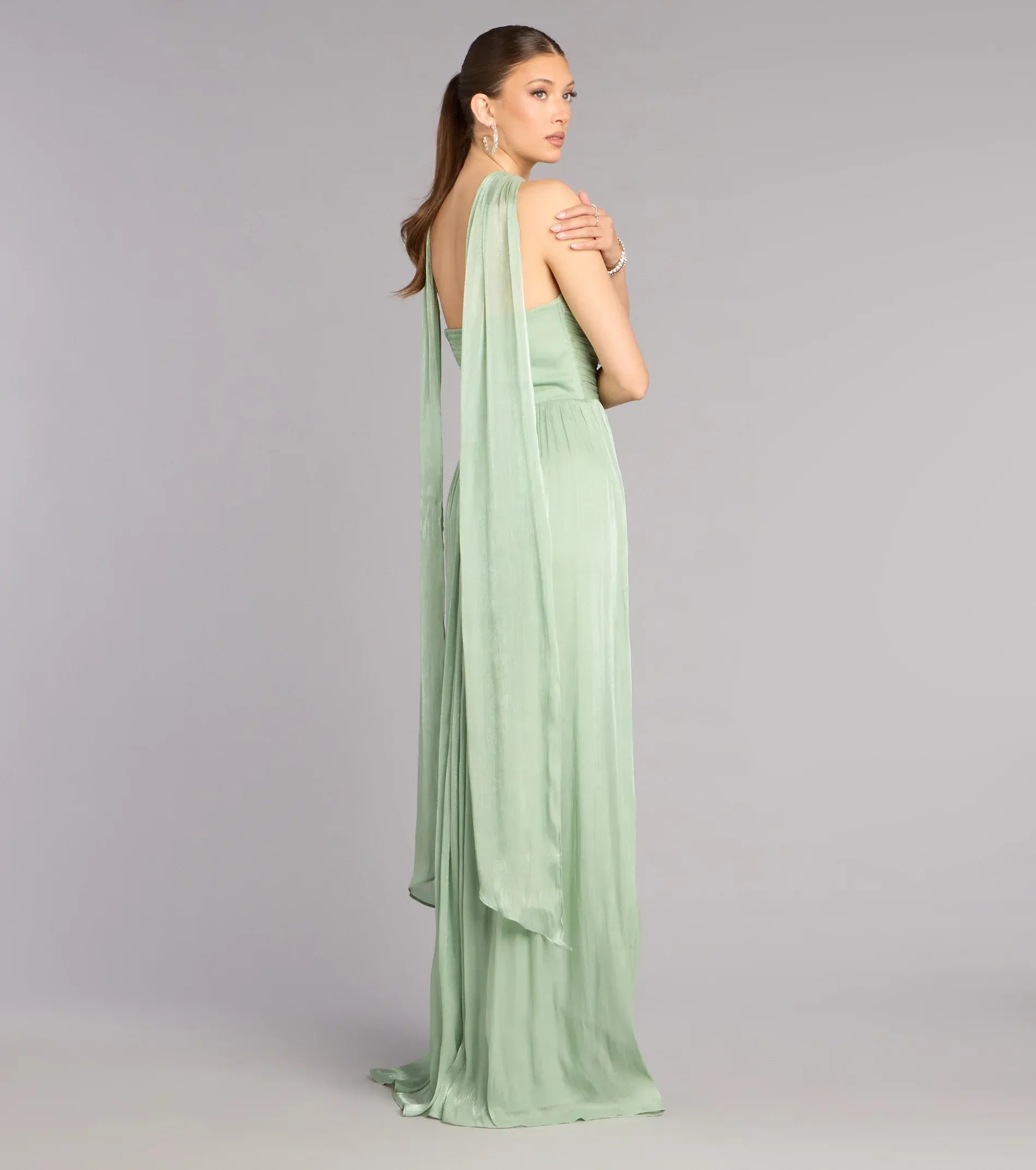 Sage Green Shimmer Chiffon Strapless Twist Bust Neck Sash Flowy Maxi Wedding Guest Dresses
