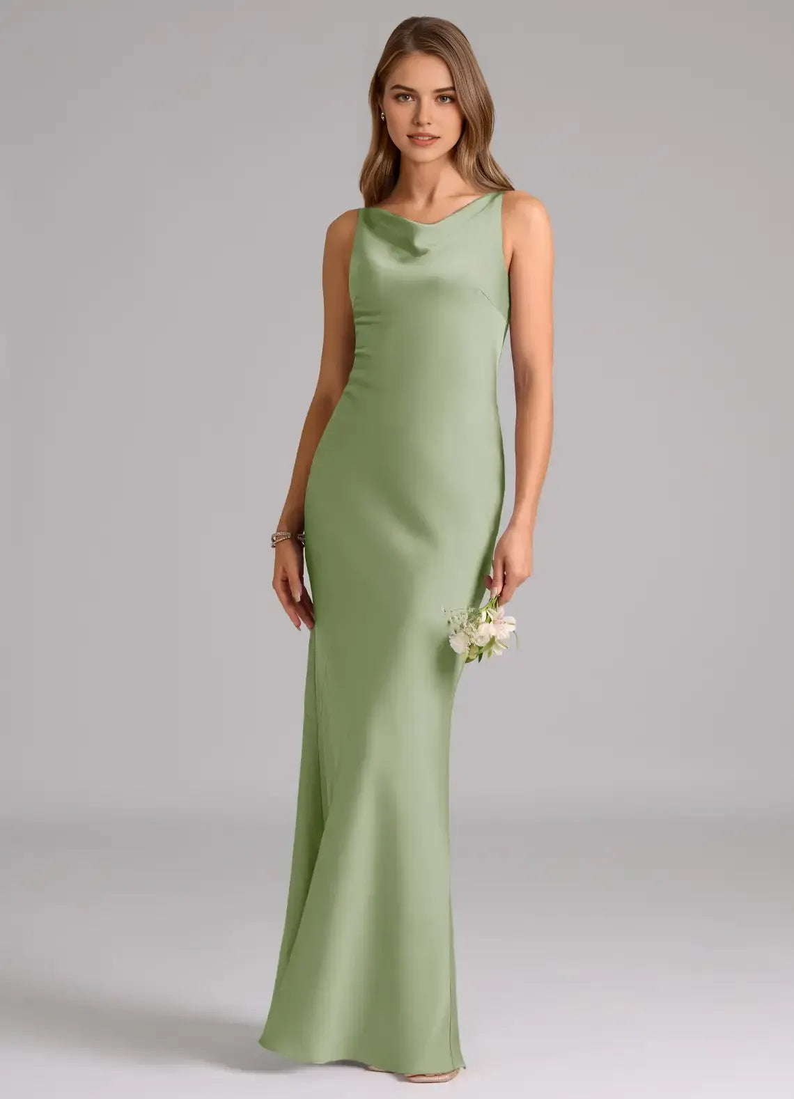 Sage Green Sleeveless Cowl Neck Open Back Floor Length Mermaid Satin Bridesmaid Dress