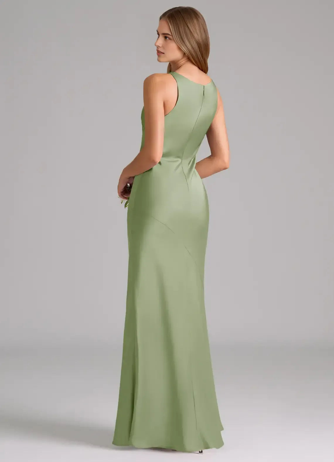 Sage Green Sleeveless Cowl Neck Open Back Floor Length Mermaid Satin Bridesmaid Dress