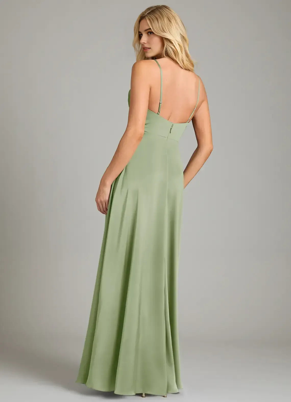 Sage Green Spaghetti Strap Cowl Neck High Slit Floor Length Column Satin Bridesmaid Dress