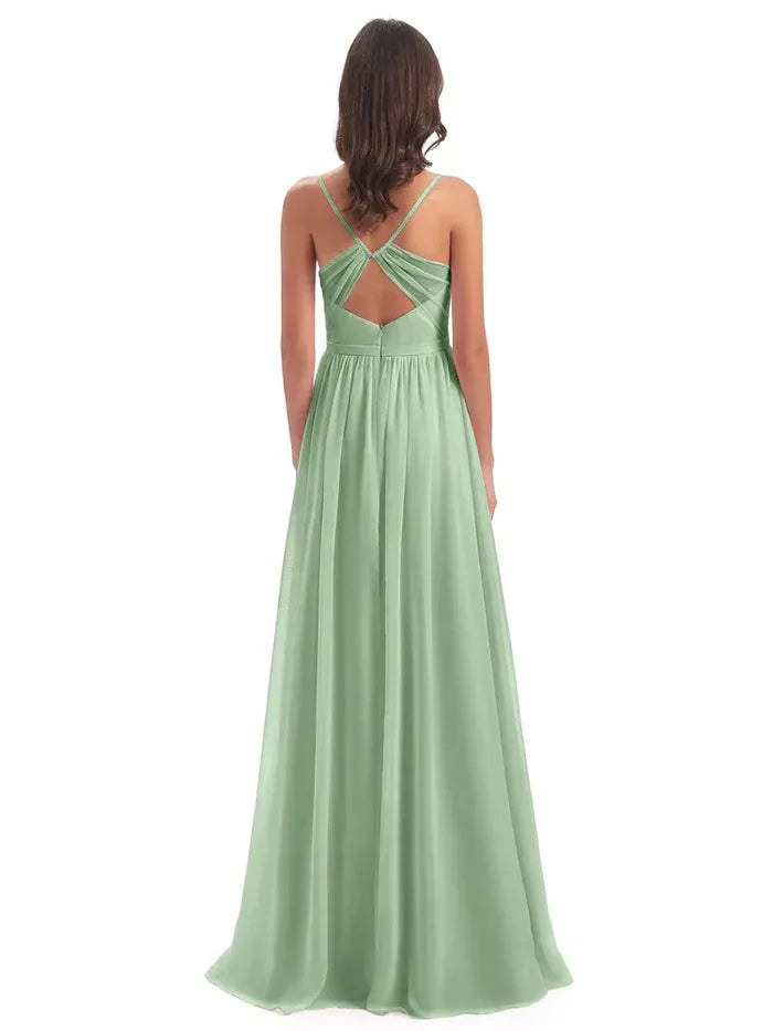 Sage Green Spaghetti Strap Pleated Sweetheart Crisscross Back Floor Length A Line Chiffon Bridesmaid Dress