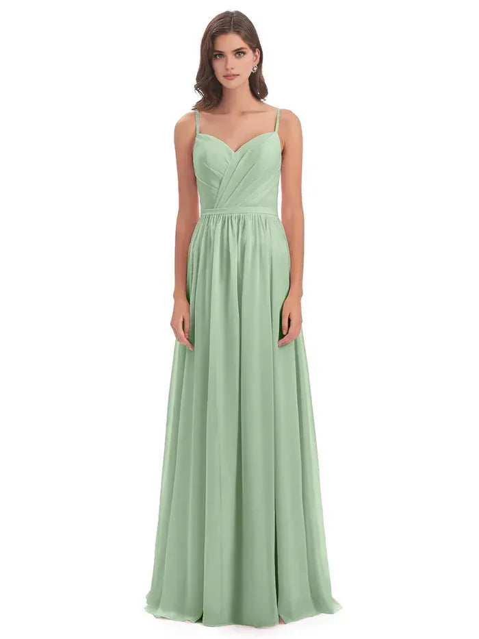 Sage Green Spaghetti Strap Pleated Sweetheart Crisscross Back Floor Length A Line Chiffon Bridesmaid Dress