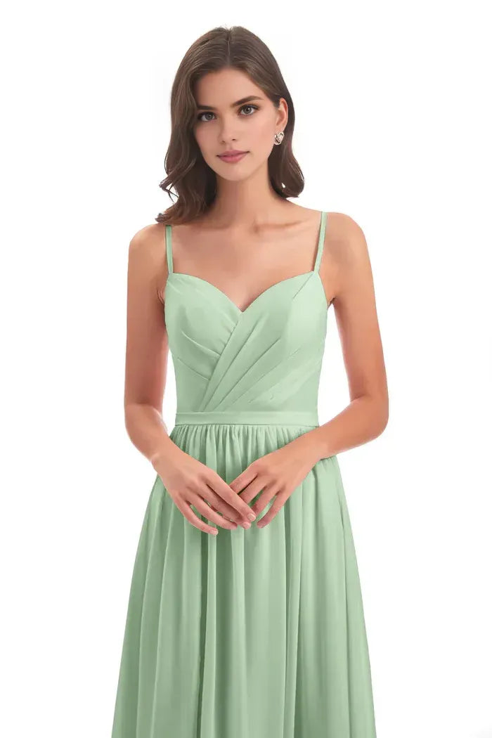 Sage Green Spaghetti Strap Pleated Sweetheart Crisscross Back Floor Length A Line Chiffon Bridesmaid Dress