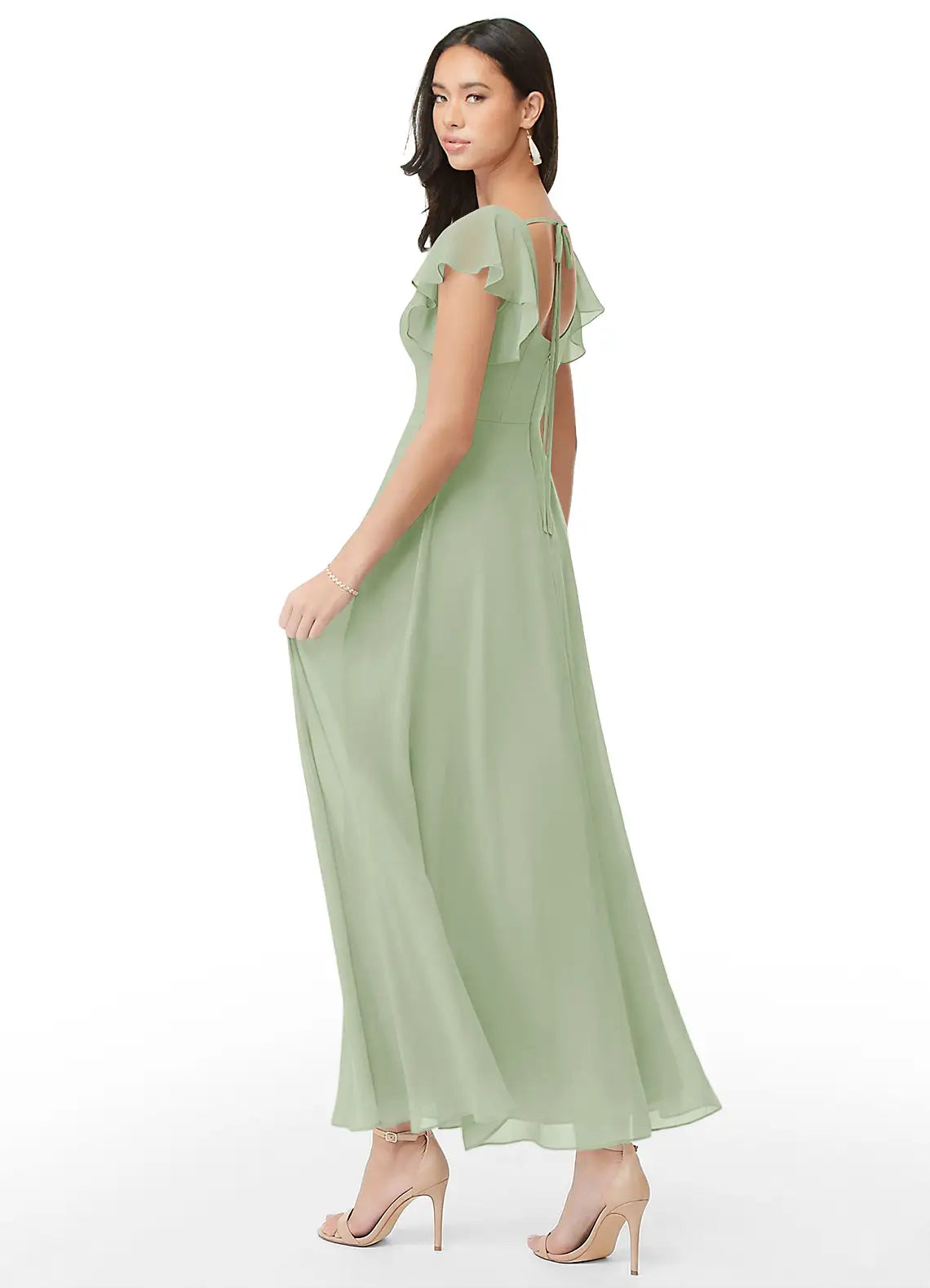 Sage Green Square Neck Ruffle Cap Sleeve High Slit Midi Chiffon Bridesmaid Dress