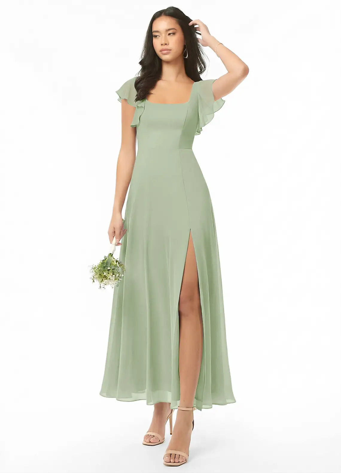 Sage Green Square Neck Ruffle Cap Sleeve High Slit Midi Chiffon Bridesmaid Dress