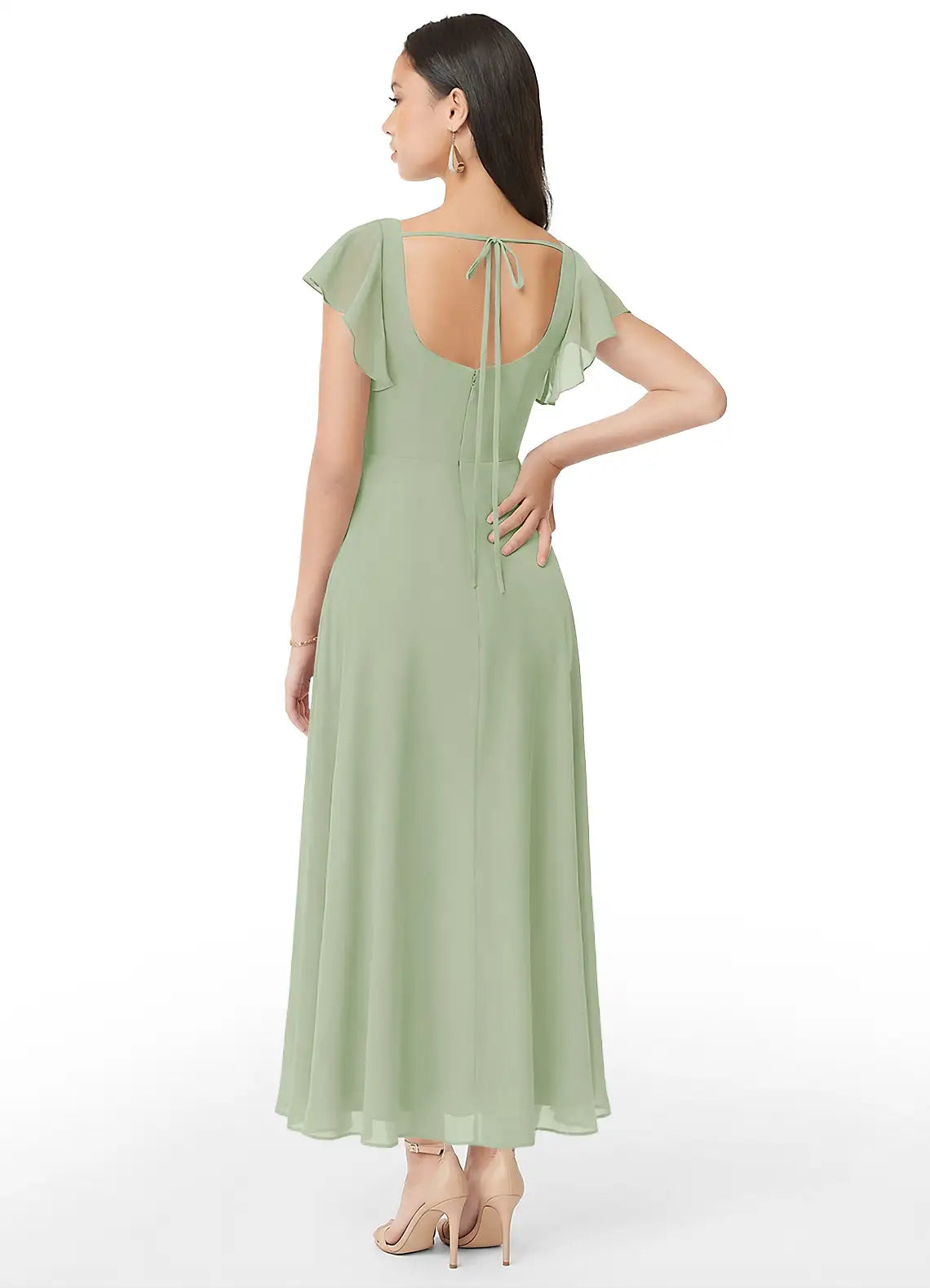 Sage Green Square Neck Ruffle Cap Sleeve High Slit Midi Chiffon Bridesmaid Dress