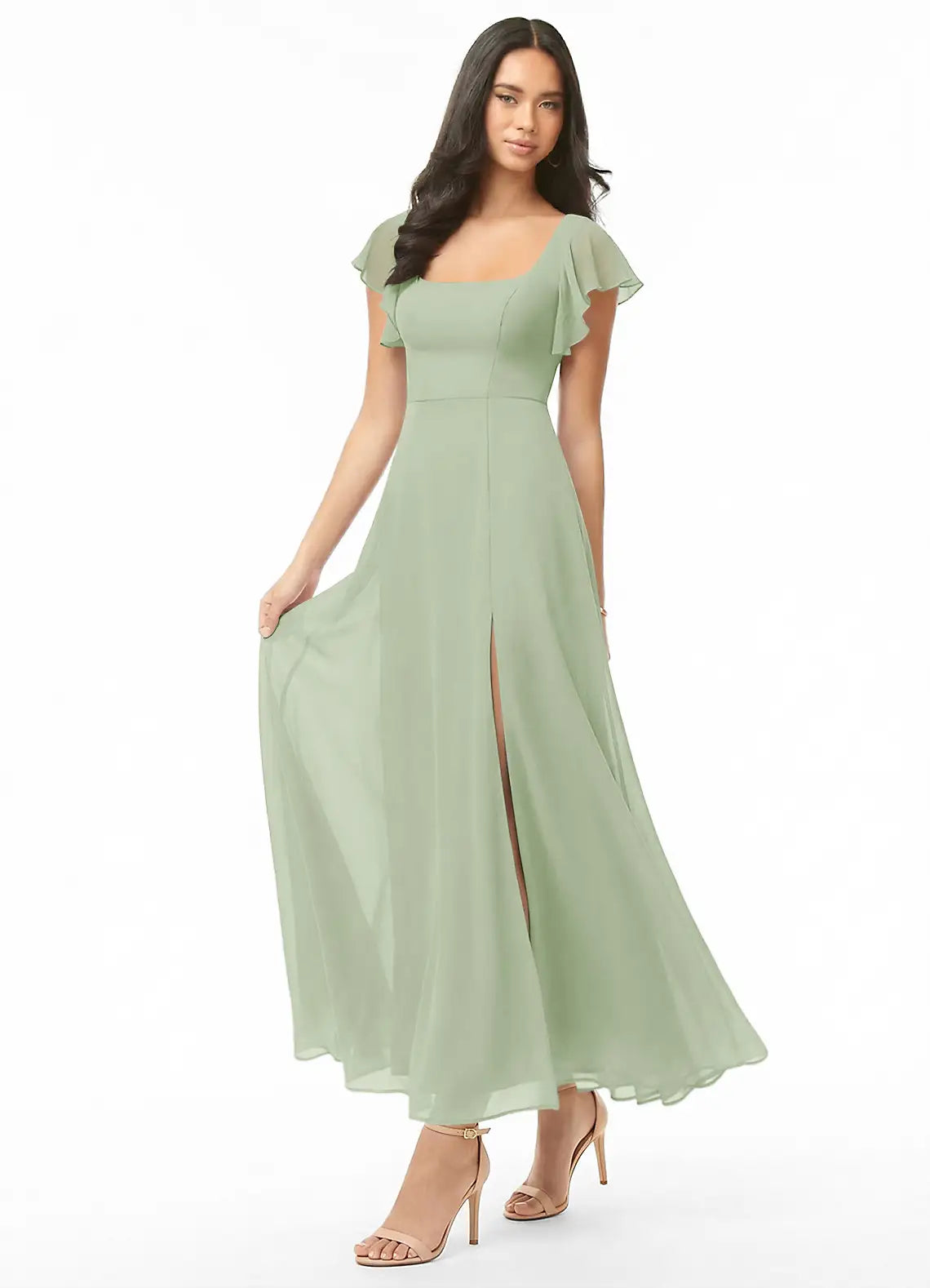 Sage Green Square Neck Ruffle Cap Sleeve High Slit Midi Chiffon Bridesmaid Dress