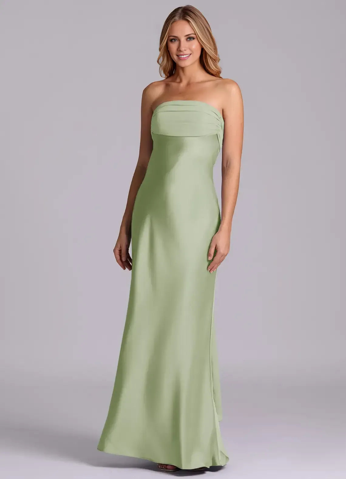 Sage Green Strapless Ruched Back Bow Floor Length Column Satin Bridesmaid Dress