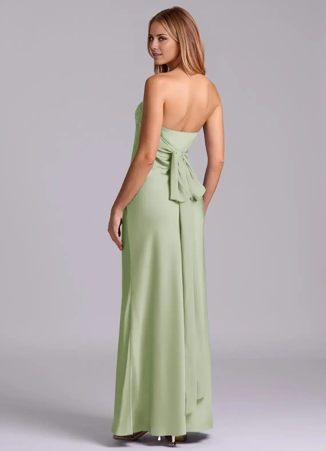 Sage Green Strapless Ruched Back Bow Floor Length Column Satin Bridesmaid Dress