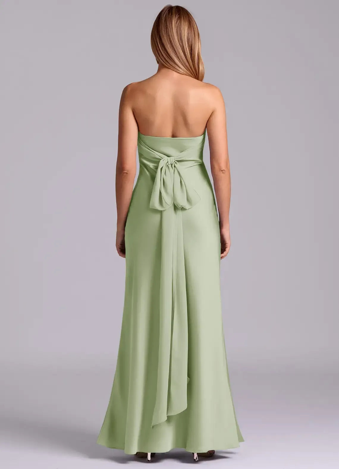 Sage Green Strapless Ruched Back Bow Floor Length Column Satin Bridesmaid Dress