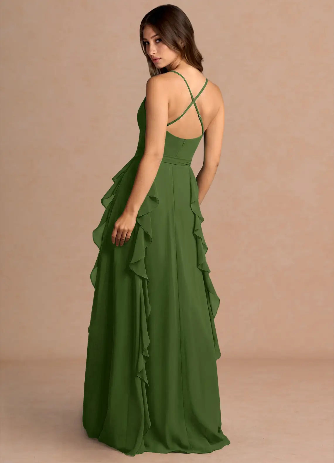 Sage Green Thin Spaghetti Strap V Neck Wrap Waist Ruffle Slit Chiffon Maxi Bridesmaid Dress