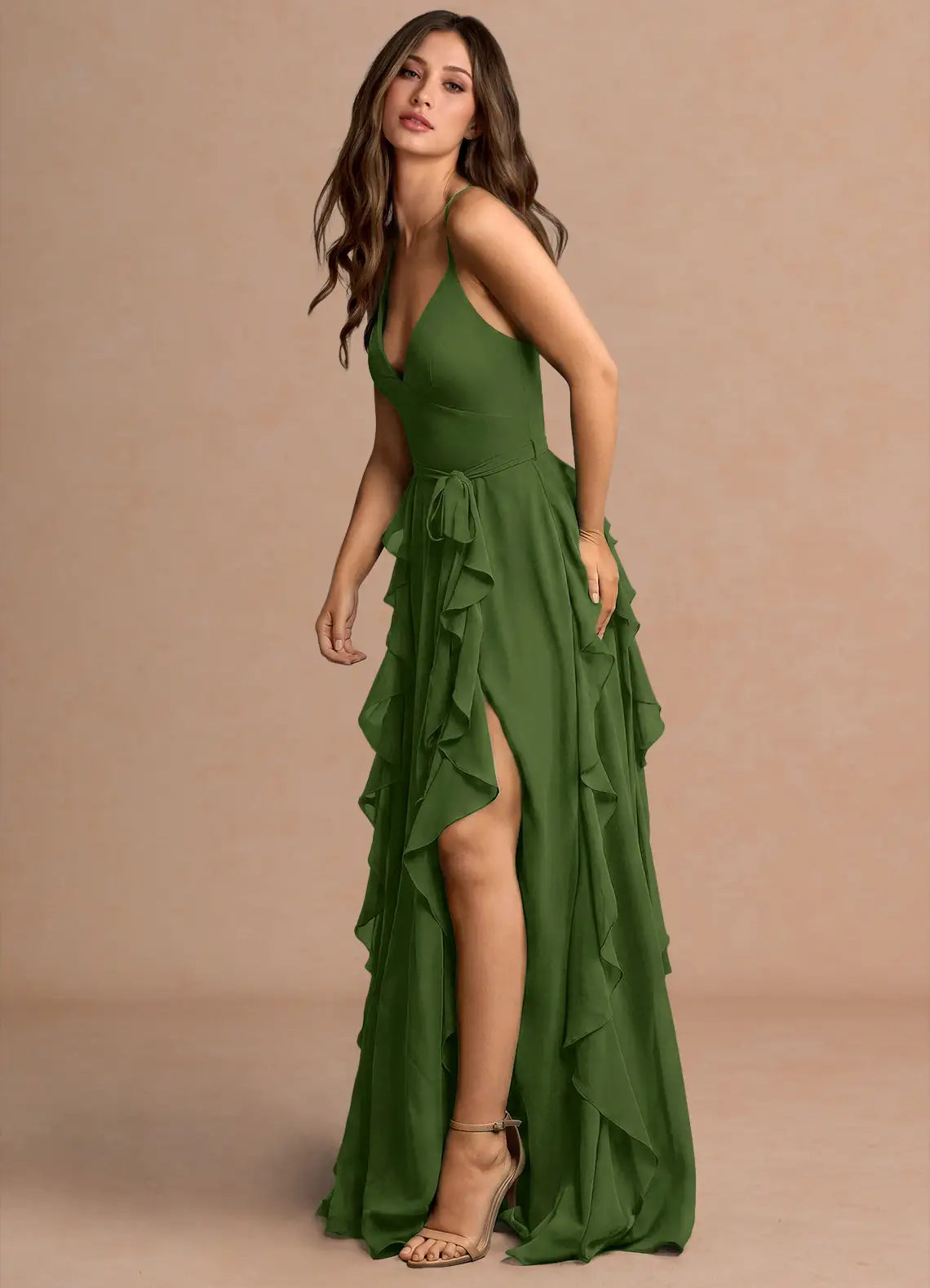 Sage Green Thin Spaghetti Strap V Neck Wrap Waist Ruffle Slit Chiffon Maxi Bridesmaid Dress