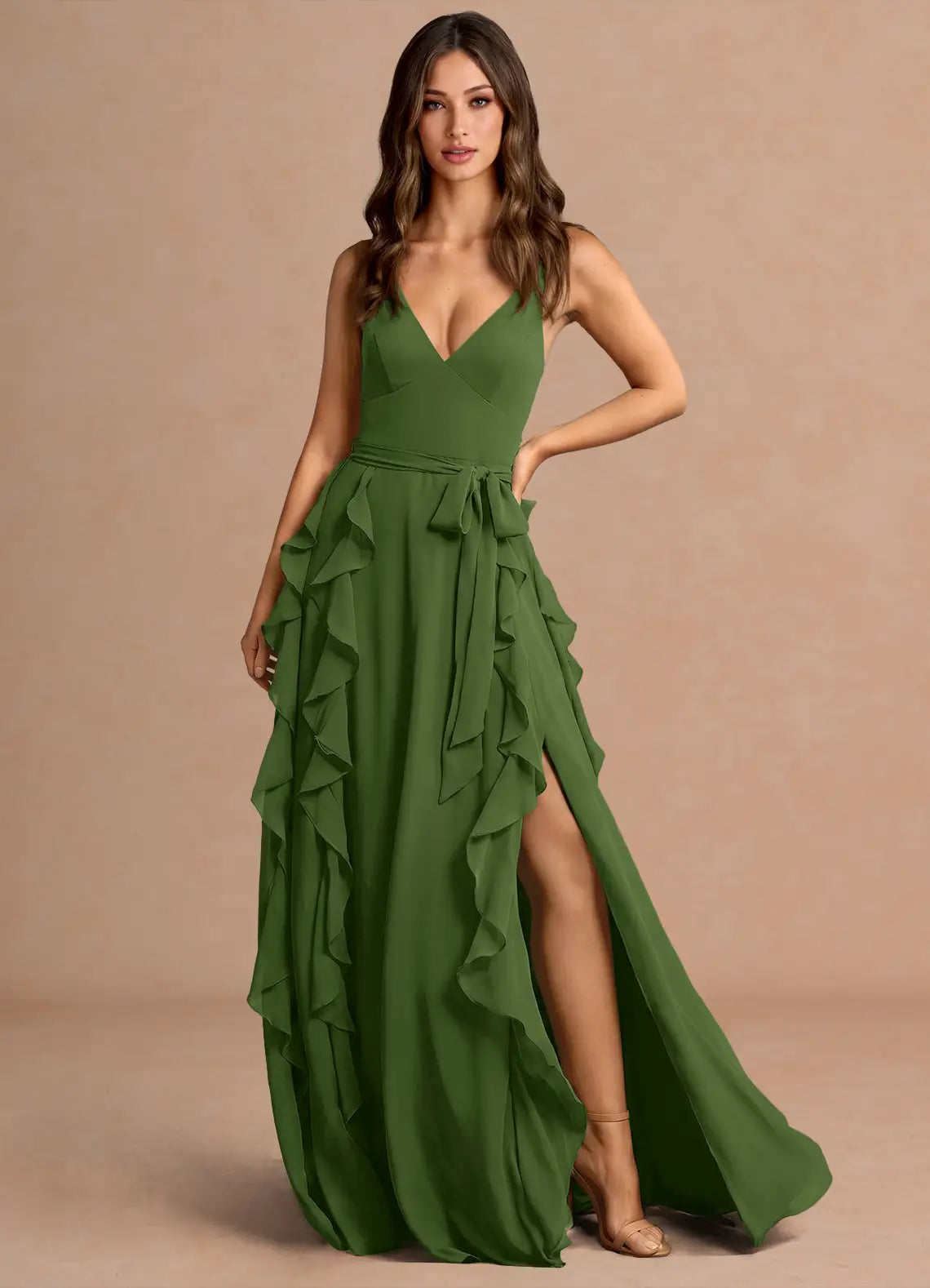 Sage Green Thin Spaghetti Strap V Neck Wrap Waist Ruffle Slit Chiffon Maxi Bridesmaid Dress