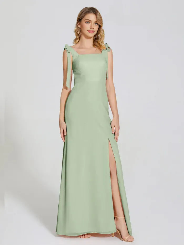 Sage Green Tie Strap Square Neck High Slit Floor Length Column Chiffon Bridesmaid Dress