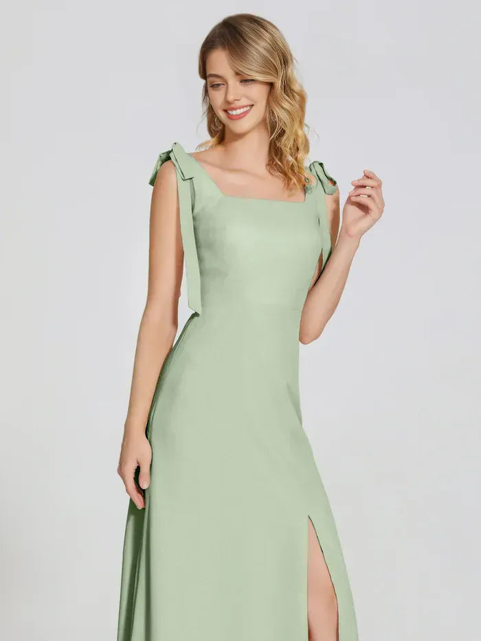 Sage Green Tie Strap Square Neck High Slit Floor Length Column Chiffon Bridesmaid Dress