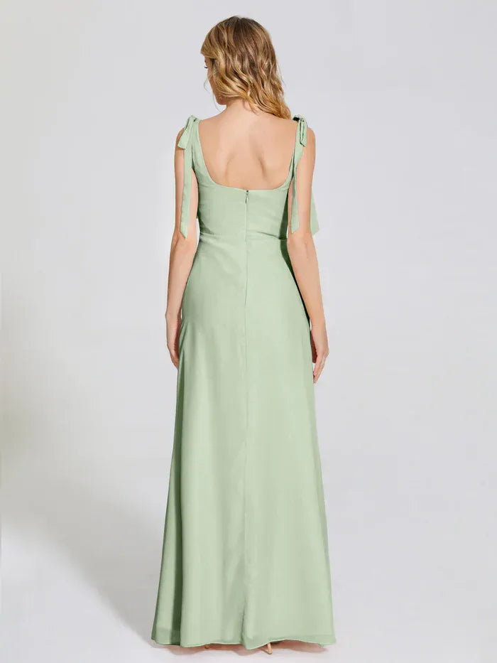Sage Green Tie Strap Square Neck High Slit Floor Length Column Chiffon Bridesmaid Dress