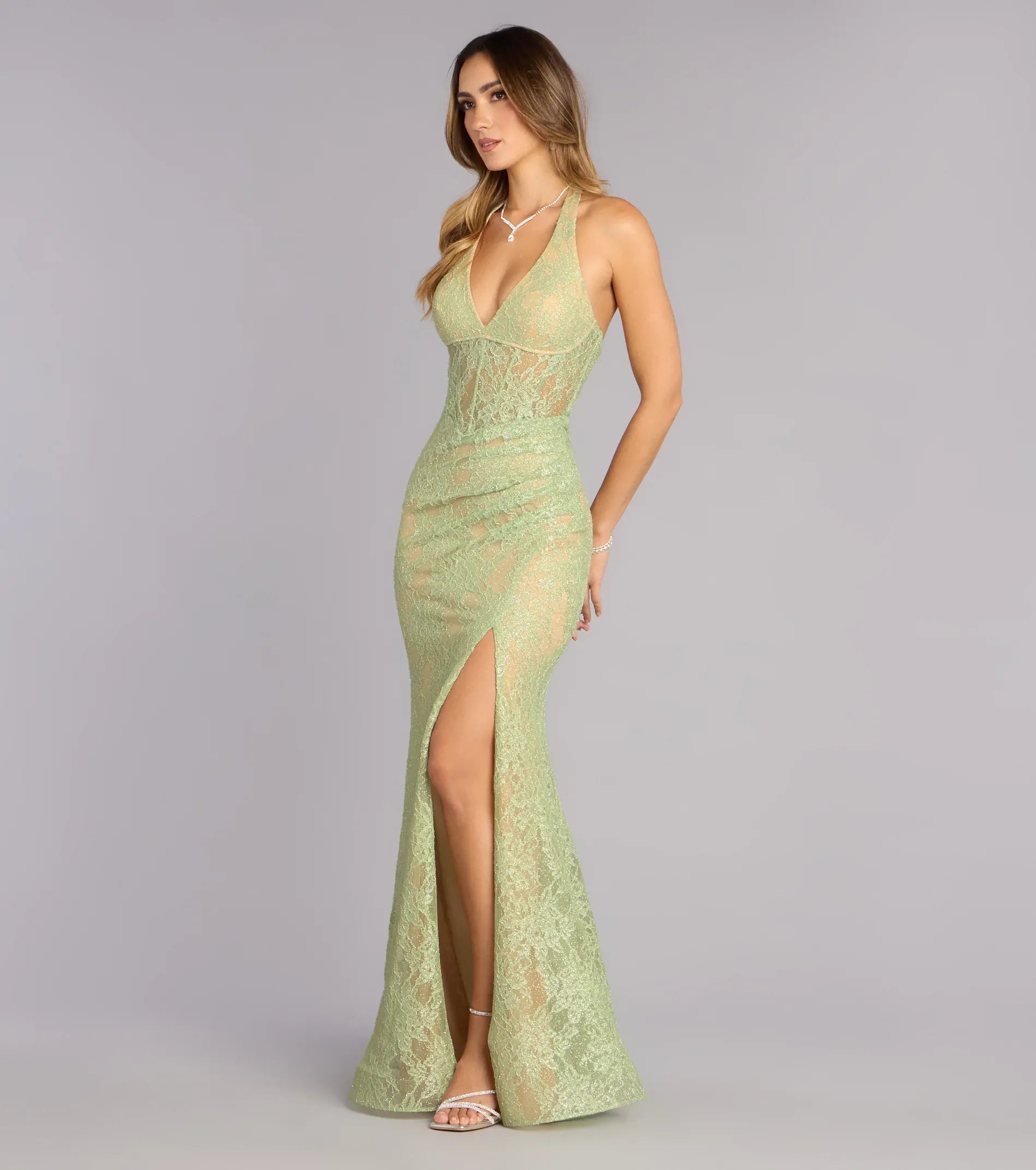 Sage Halter Deep V Sheer Floral Lace Corset Ruched High Slit Mermaid Maxi Formal Evening Dress