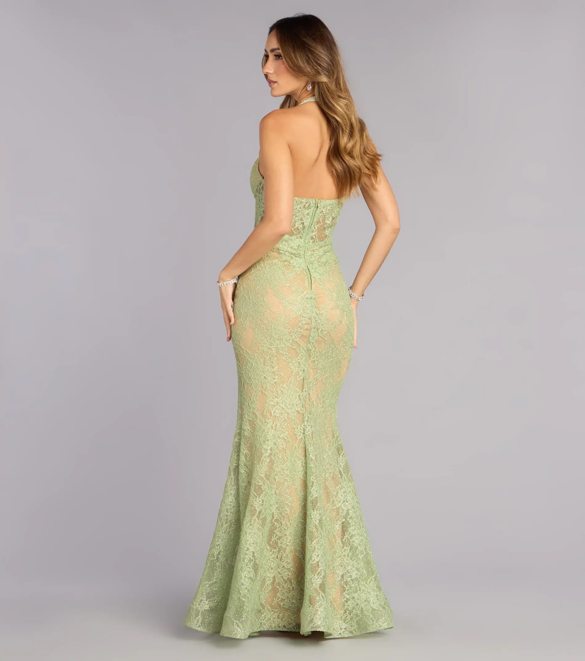 Sage Halter Deep V Sheer Floral Lace Corset Ruched High Slit Mermaid Maxi Formal Evening Dress