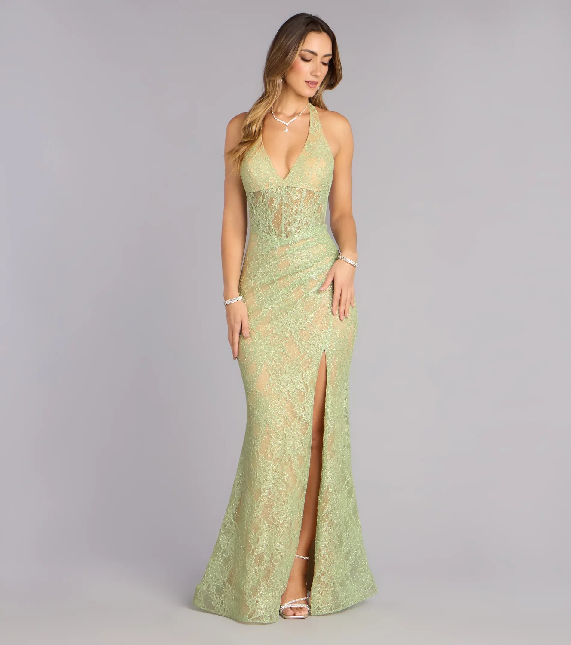 Sage Halter Deep V Sheer Floral Lace Corset Ruched High Slit Mermaid Maxi Formal Evening Dress