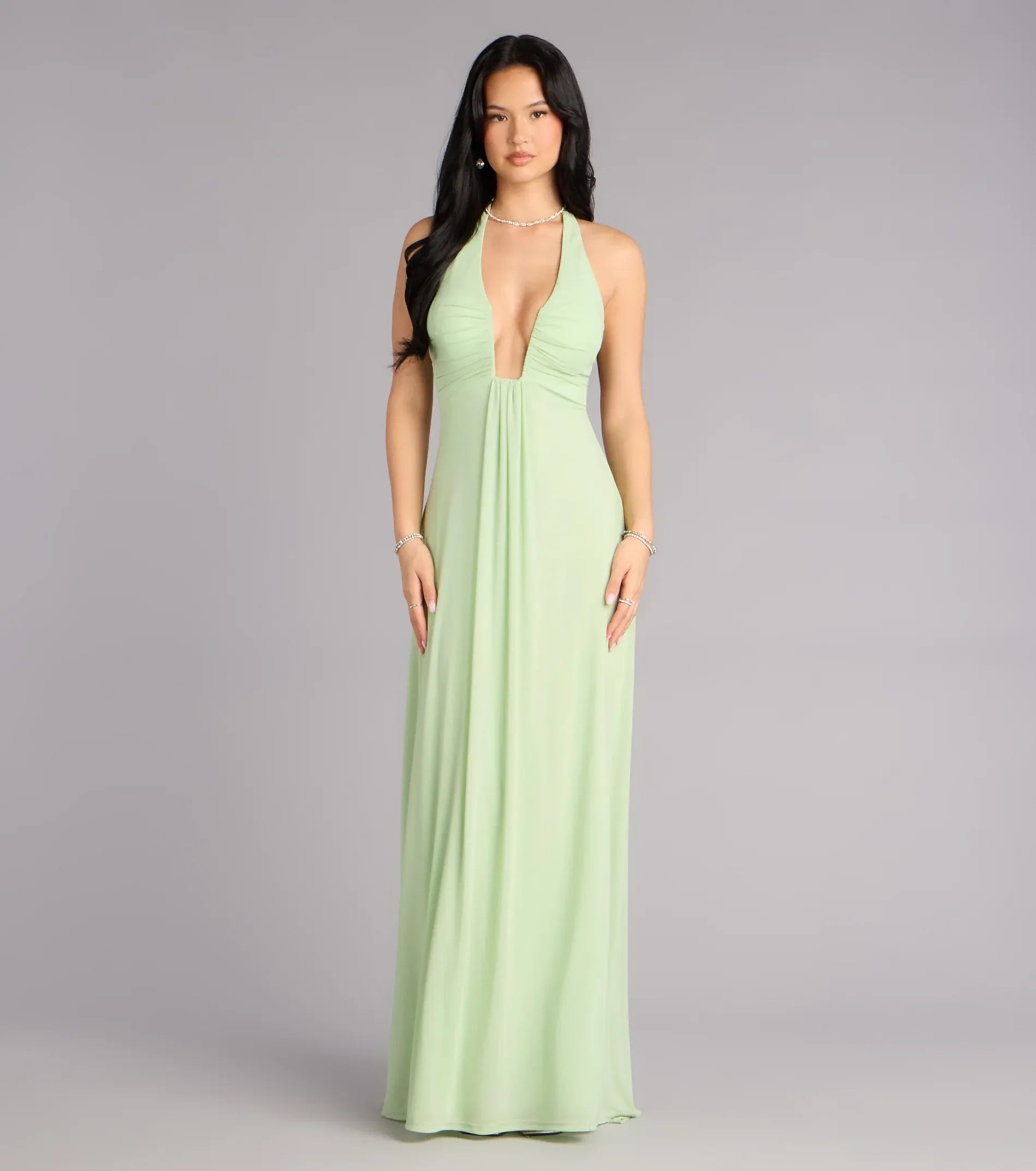 Sage Halter Deep V Tie Back Flowy A Line Maxi Bridesmaid Dress