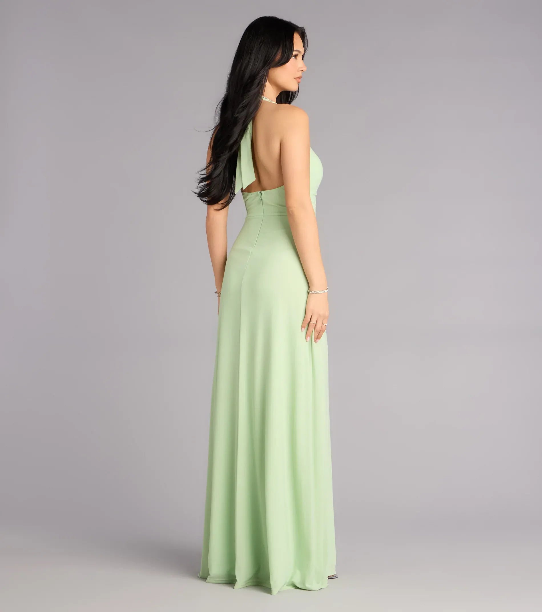 Sage Halter Deep V Tie Back Flowy A Line Maxi Bridesmaid Dress