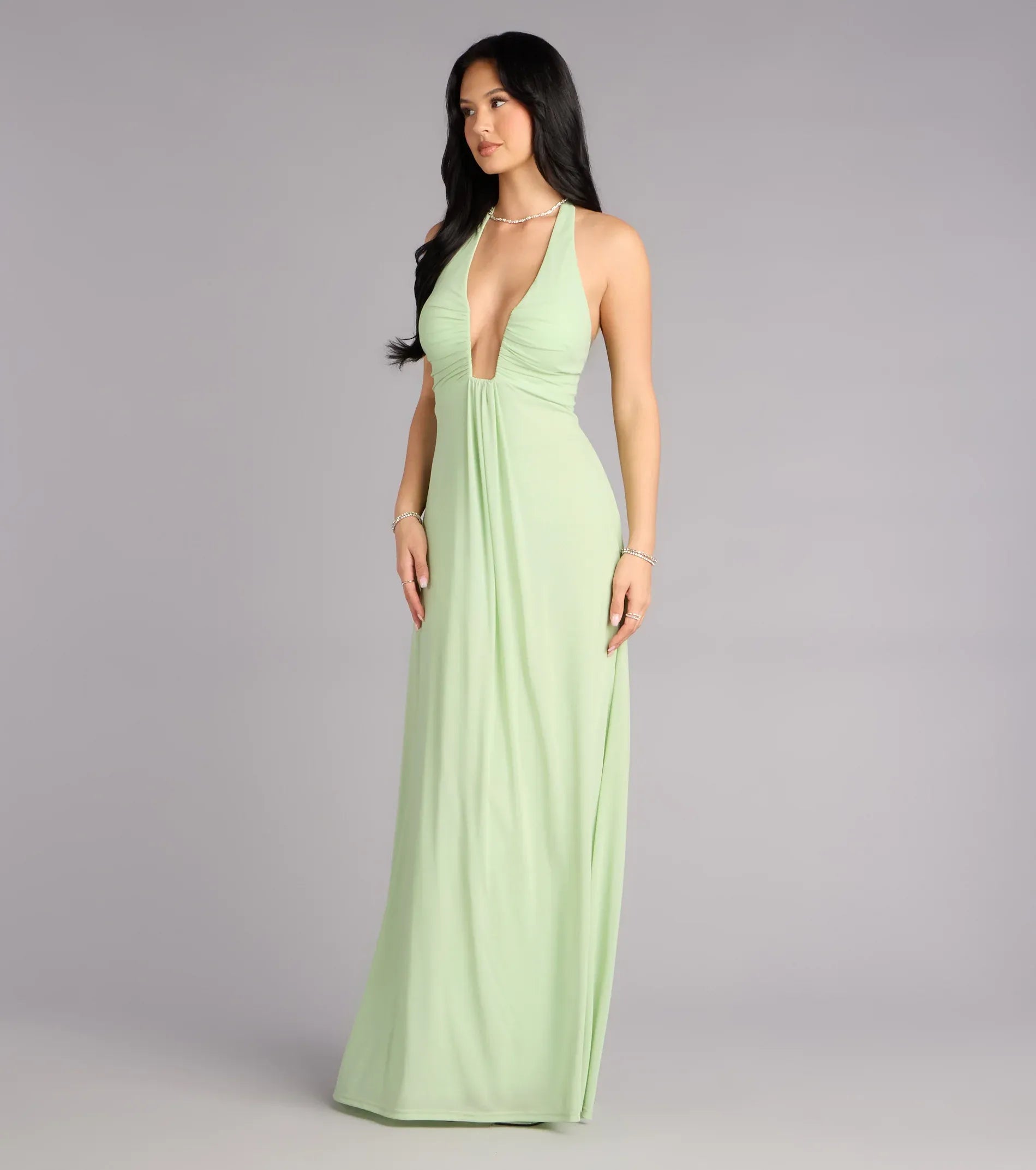 Sage Halter Deep V Tie Back Flowy A Line Maxi Bridesmaid Dress