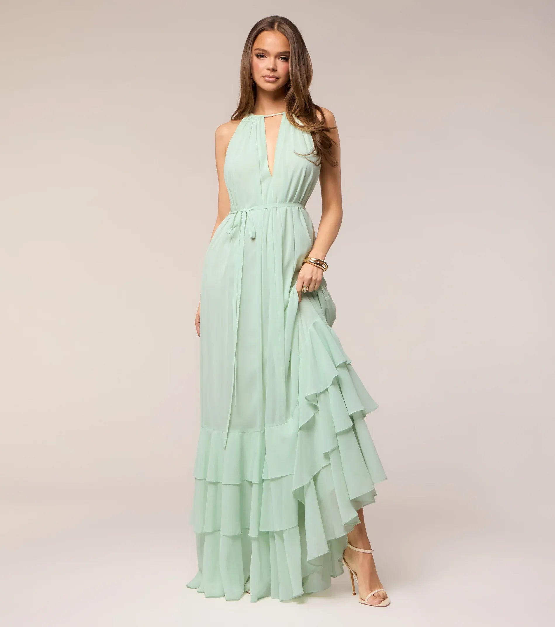 Sage Halter Keyhole Tie Waist Tiered Ruffle Chiffon A Line Maxi Bridesmaid Dress