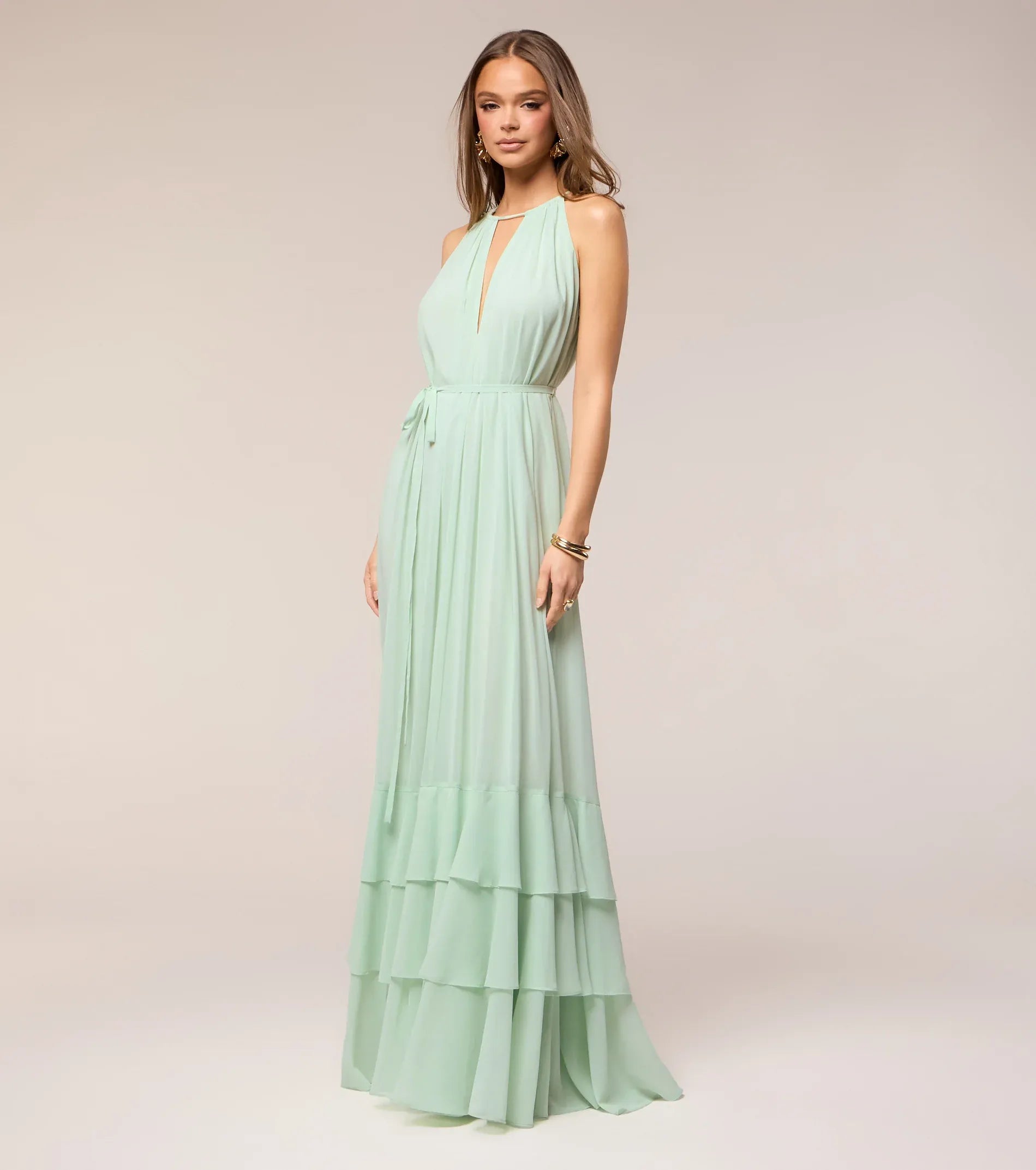Sage Halter Keyhole Tie Waist Tiered Ruffle Chiffon A Line Maxi Bridesmaid Dress