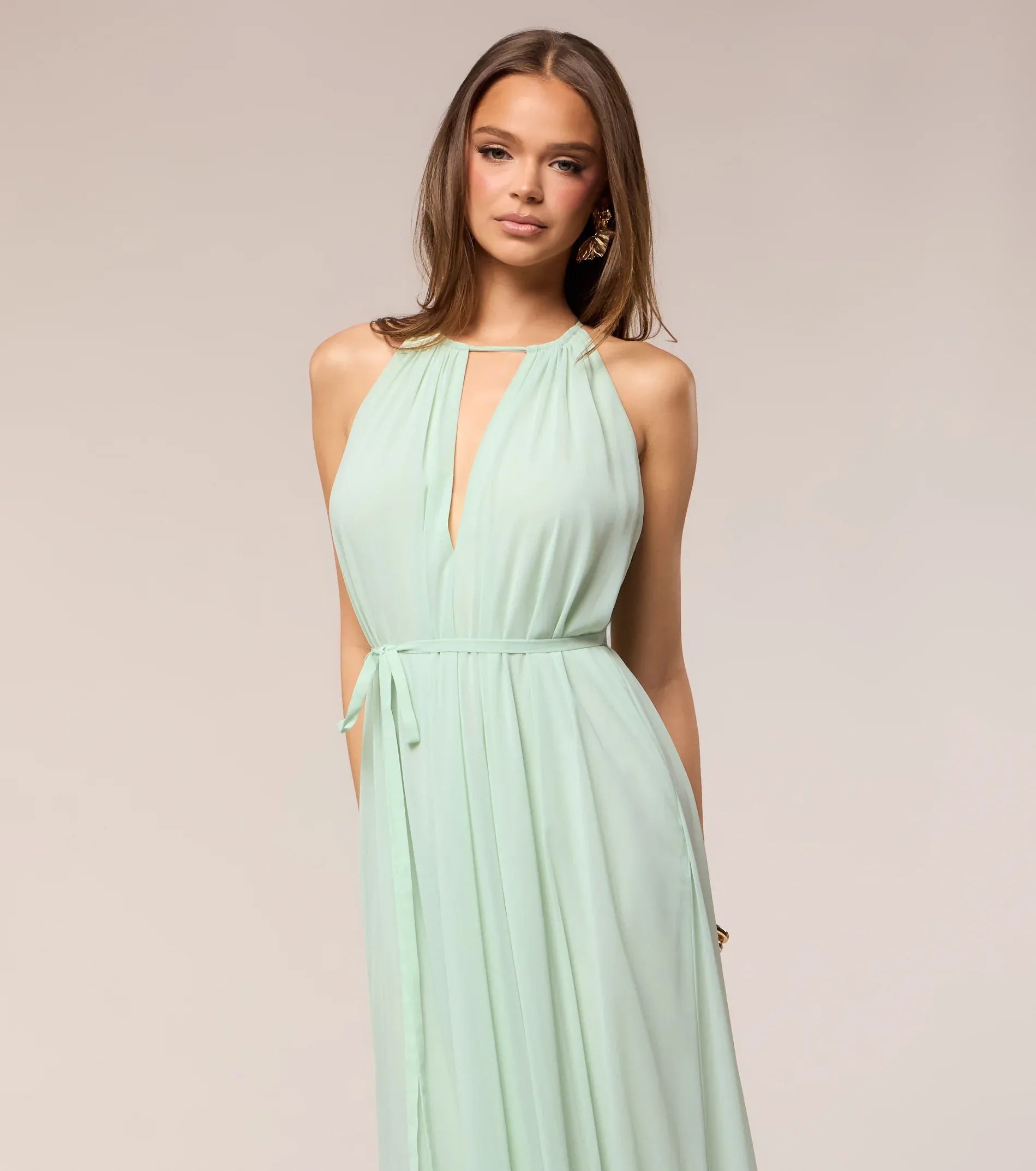 Sage Halter Keyhole Tie Waist Tiered Ruffle Chiffon A Line Maxi Bridesmaid Dress