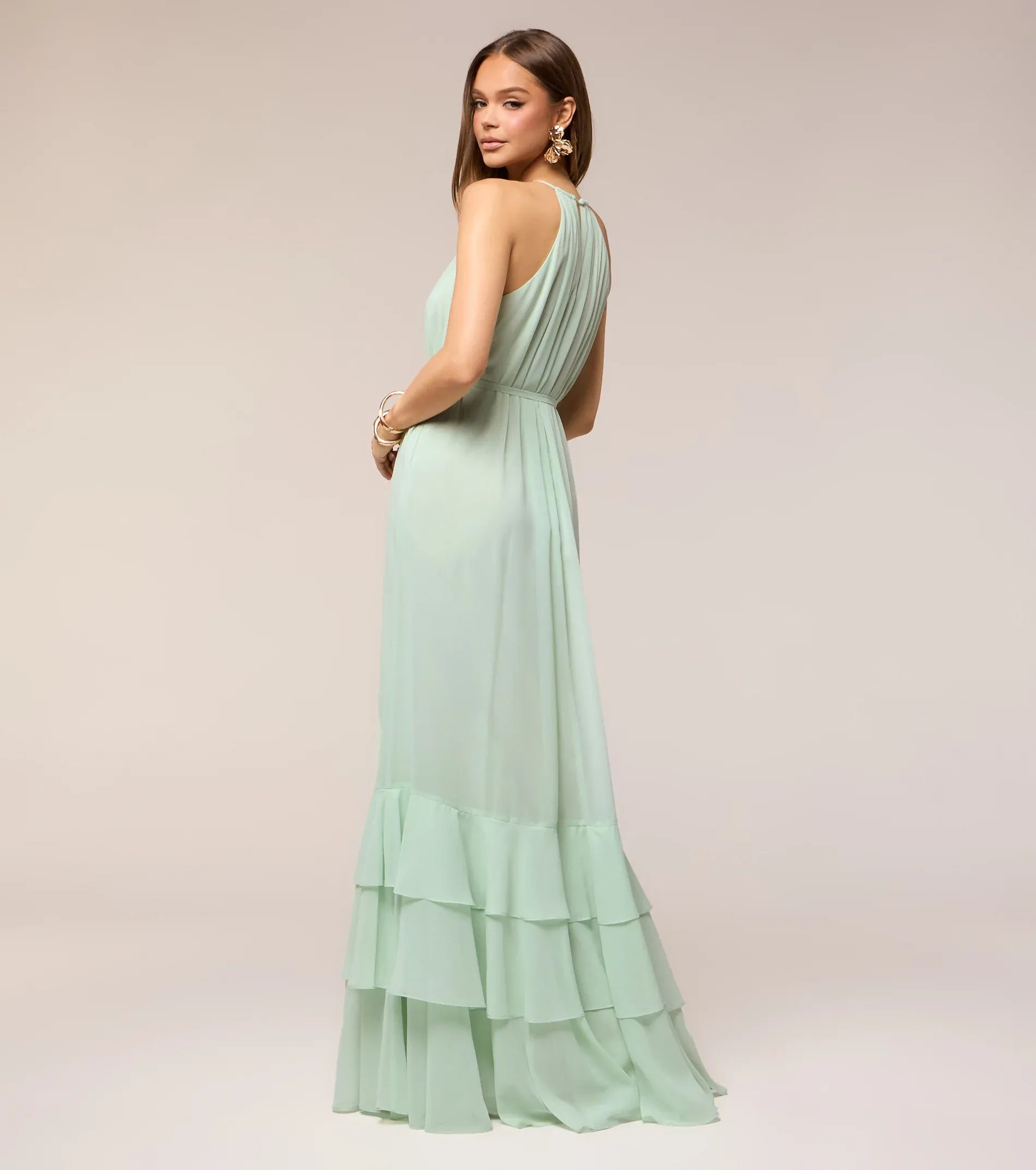 Sage Halter Keyhole Tie Waist Tiered Ruffle Chiffon A Line Maxi Bridesmaid Dress