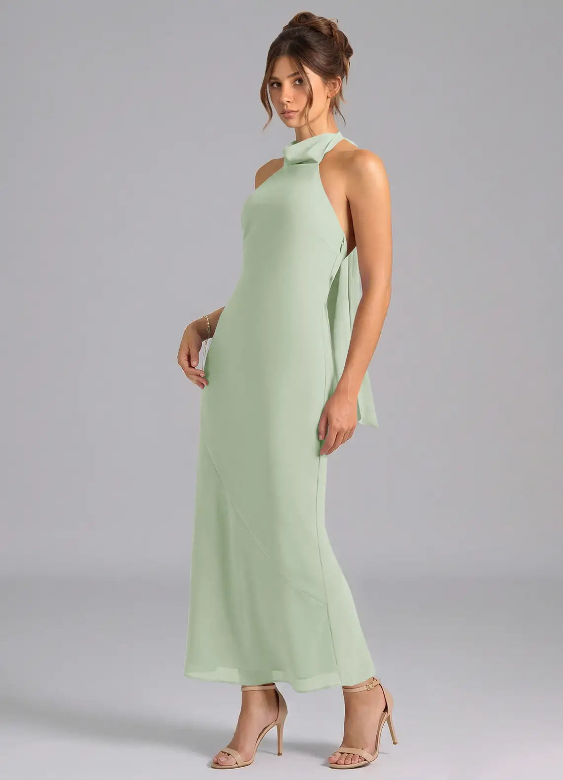 Sage Thin Spaghetti Strap Cowl Neck Side Pocket A Line Satin Maxi Bridesmaid Dress（副本）
