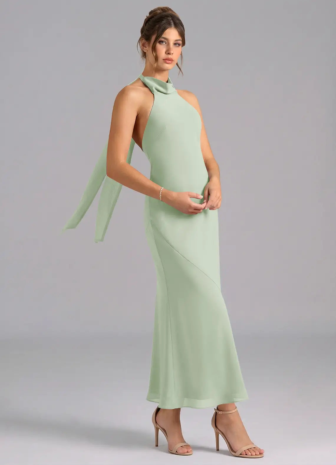 Sage Thin Spaghetti Strap Cowl Neck Side Pocket A Line Satin Maxi Bridesmaid Dress（副本）