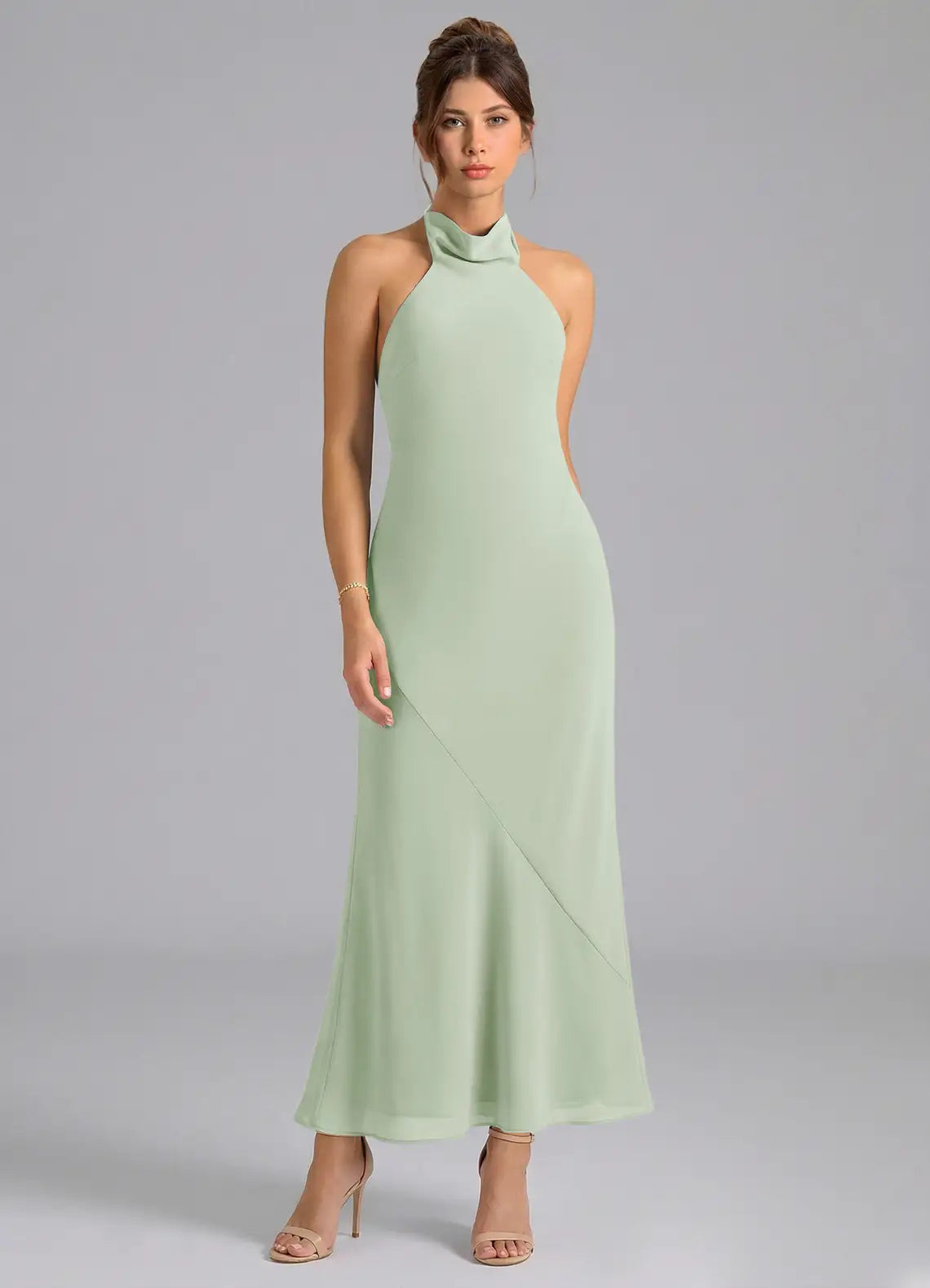 Sage Thin Spaghetti Strap Cowl Neck Side Pocket A Line Satin Maxi Bridesmaid Dress（副本）