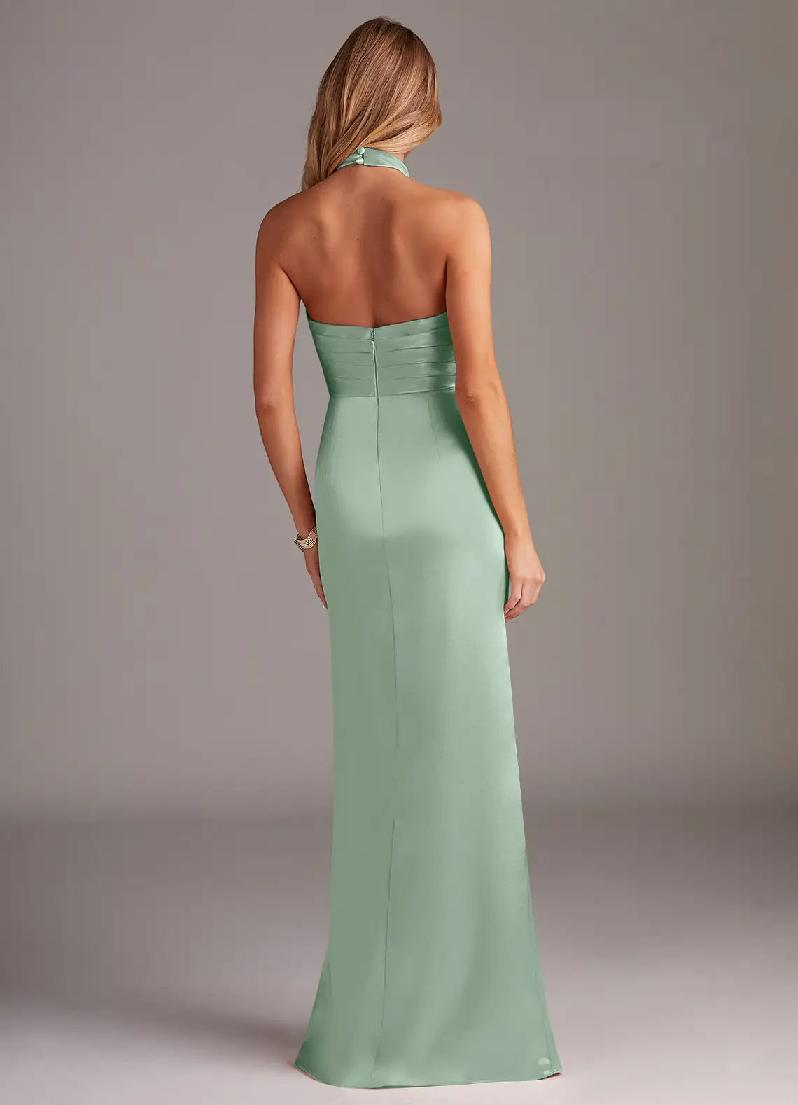 Sage Halter Neck Ruched Wrap High Slit Mermaid Satin Maxi Bridesmaid Dress