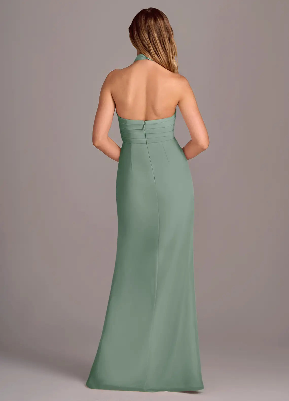 Sage Halter Ruched High Slit Mermaid Chiffon Maxi Bridesmaid Dress