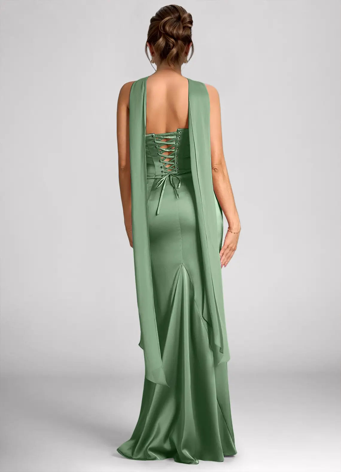 Sage Halter Strapless Corset Cape Drape Mermaid Maxi Satin Bridesmaid Dress
