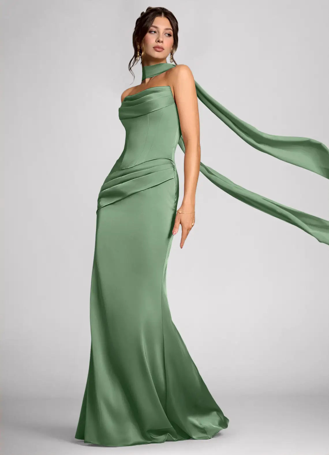 Sage Halter Strapless Corset Cape Drape Mermaid Maxi Satin Bridesmaid Dress