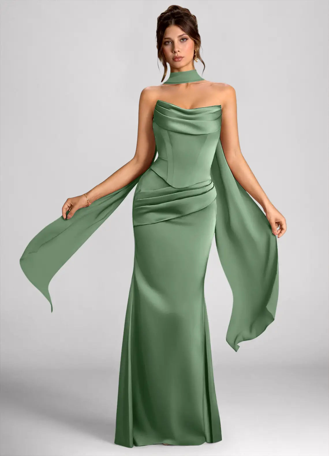 Sage Halter Strapless Corset Cape Drape Mermaid Maxi Satin Bridesmaid Dress