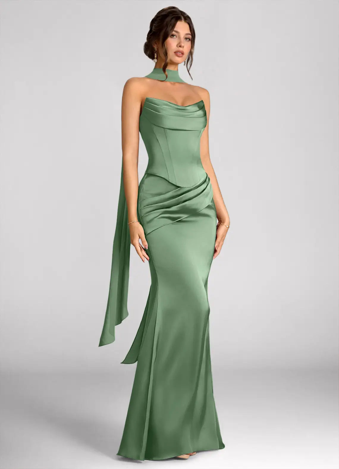 Sage Halter Strapless Corset Cape Drape Mermaid Maxi Satin Bridesmaid Dress