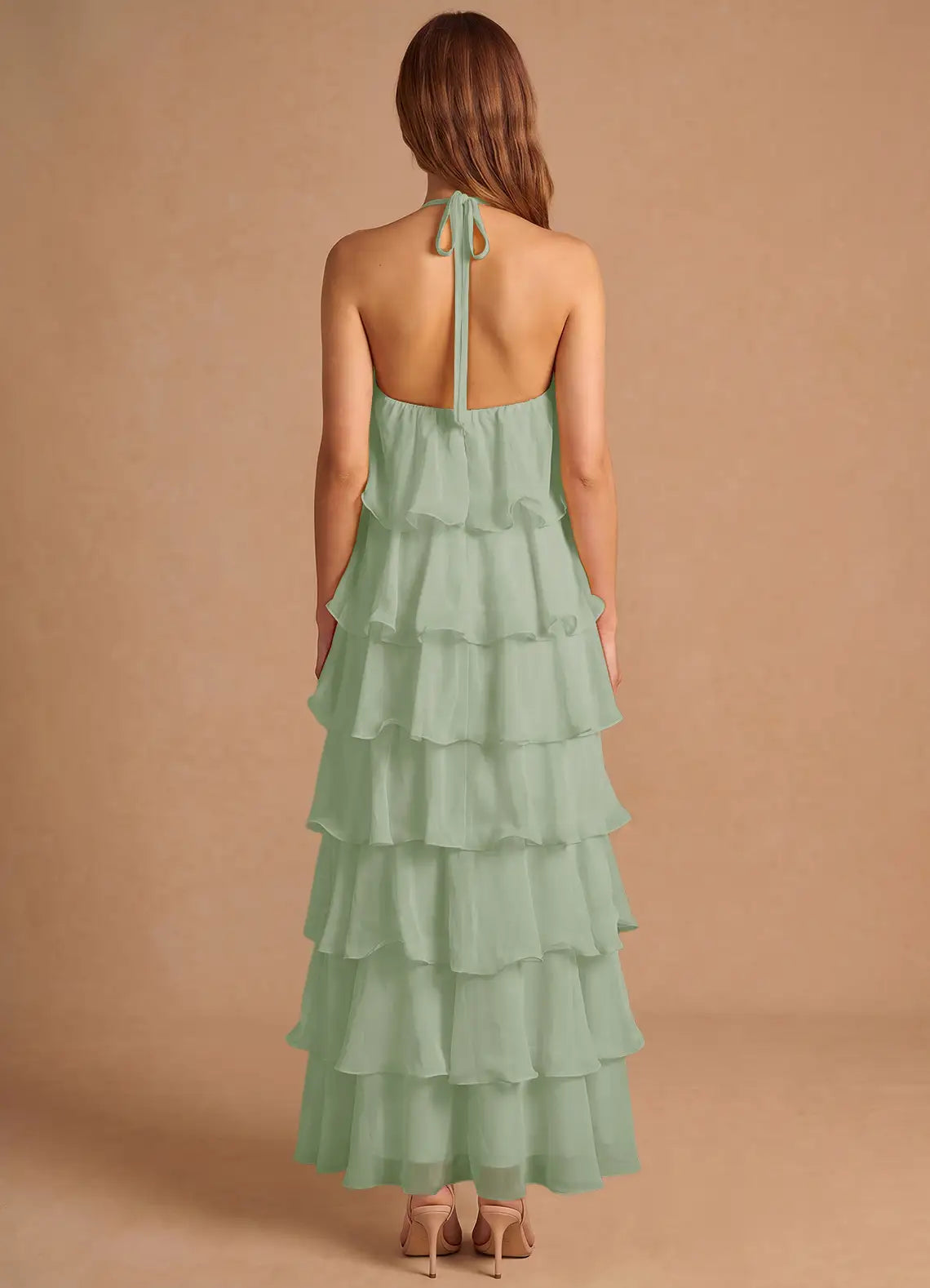 Sage Halter Tie Back Multi Tier Ruffle Chiffon Maxi Wedding Guest Dress
