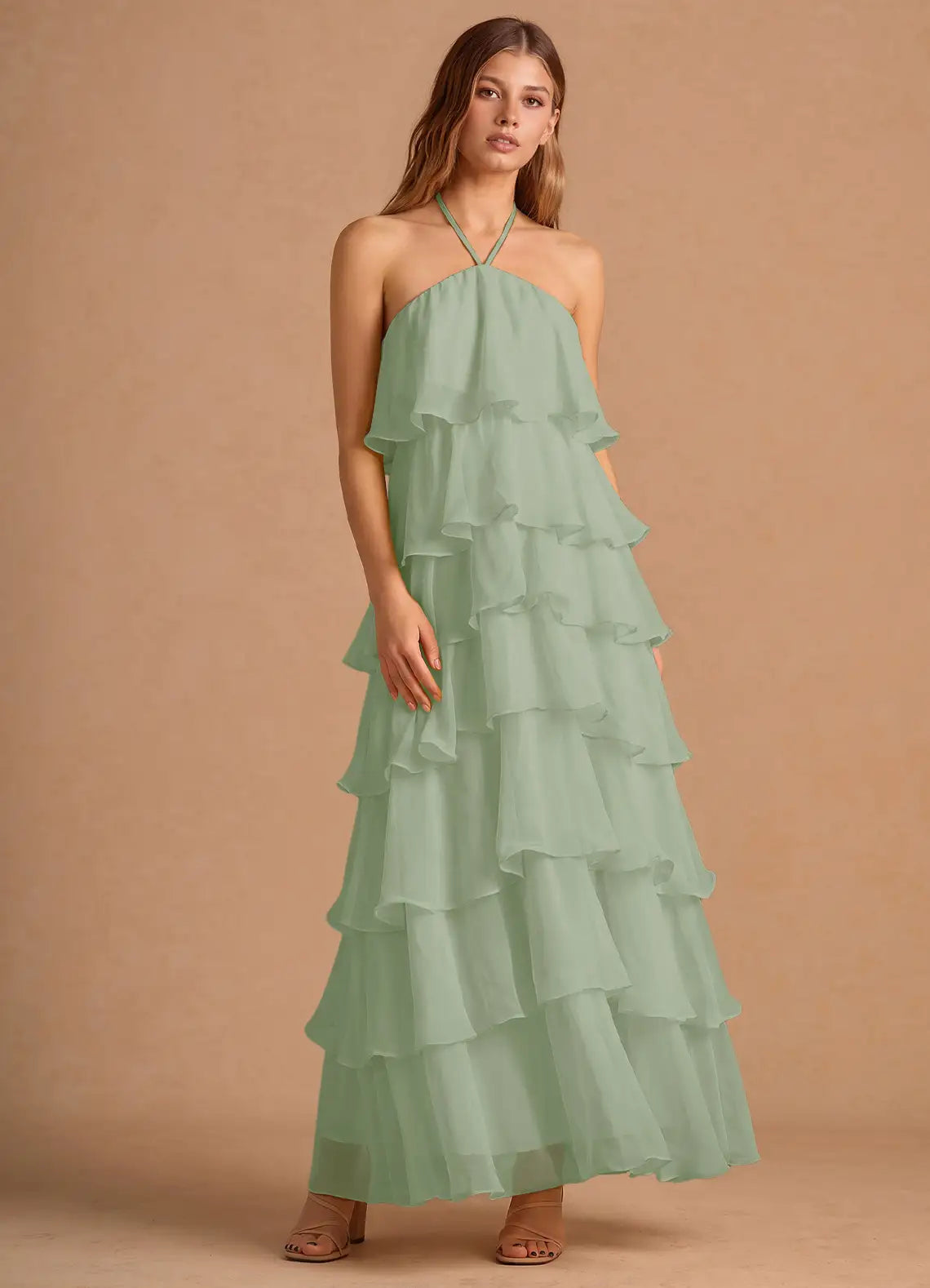 Sage Halter Tie Back Multi Tier Ruffle Chiffon Maxi Wedding Guest Dress